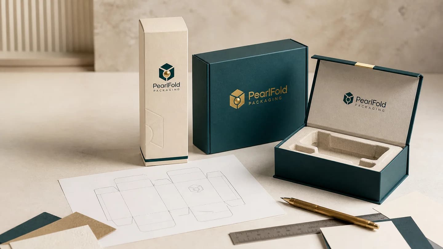 PearlFold packaging boxes, insert, dieline and material swatches prepared for an editorial review