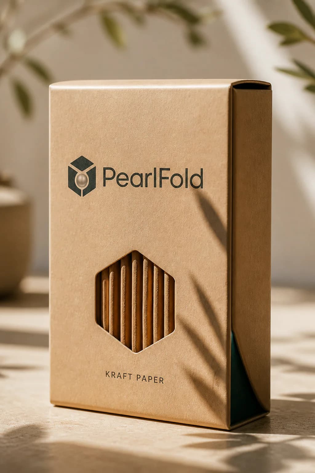 Natural kraft paper PearlFold packaging with a die-cut reveal