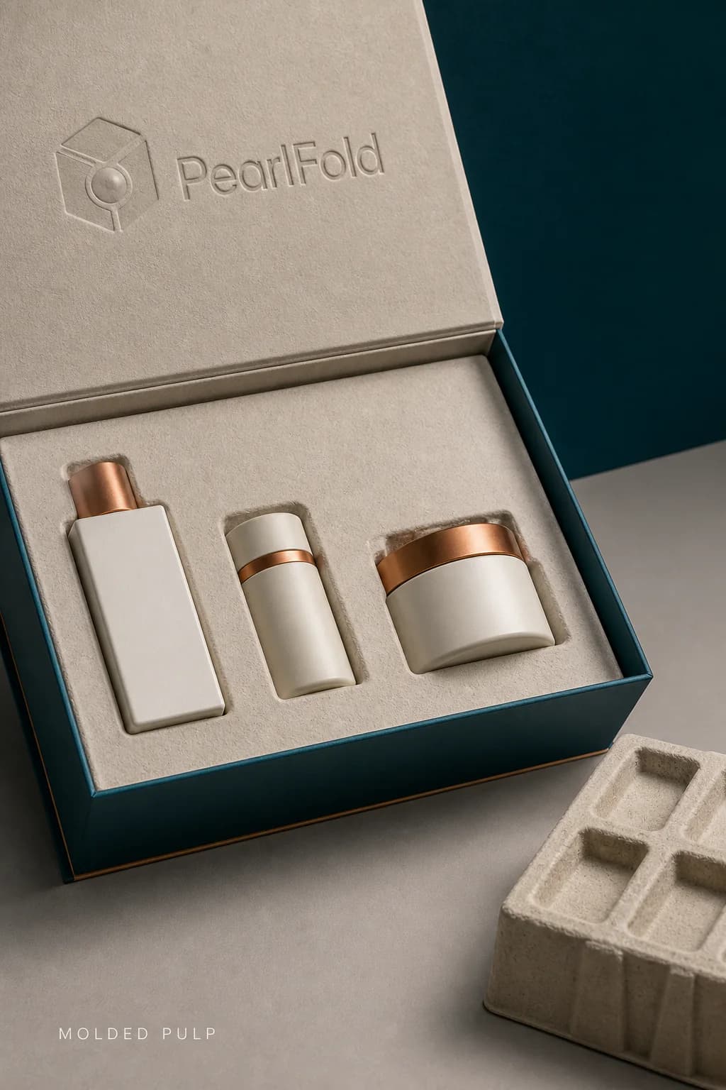 Molded pulp insert fitted inside a PearlFold presentation box