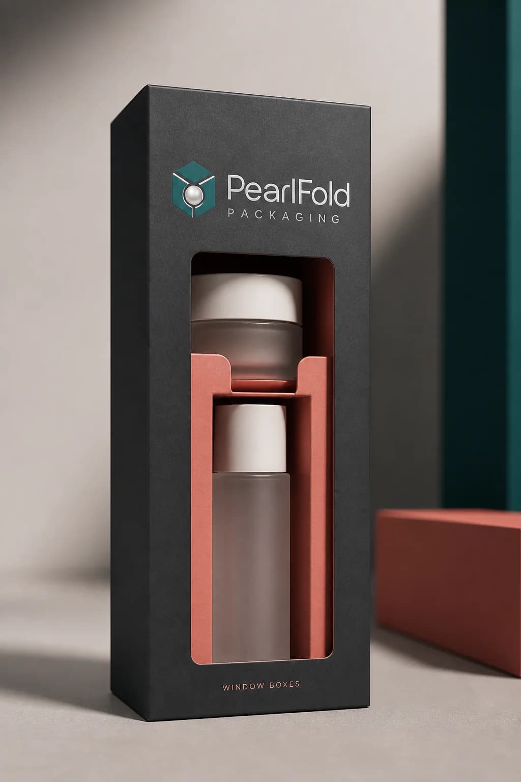 PearlFold window box revealing a cosmetic bottle