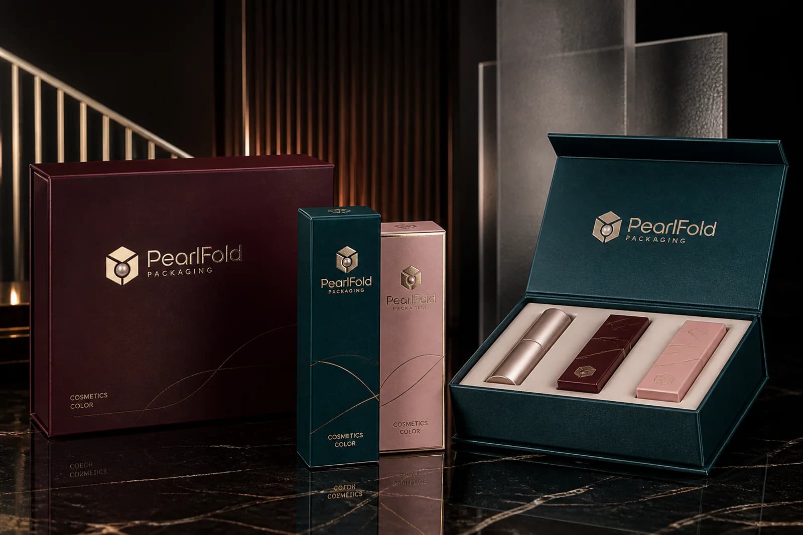 A coordinated PearlFold cosmetics packaging collection in deep teal and pearl finishes