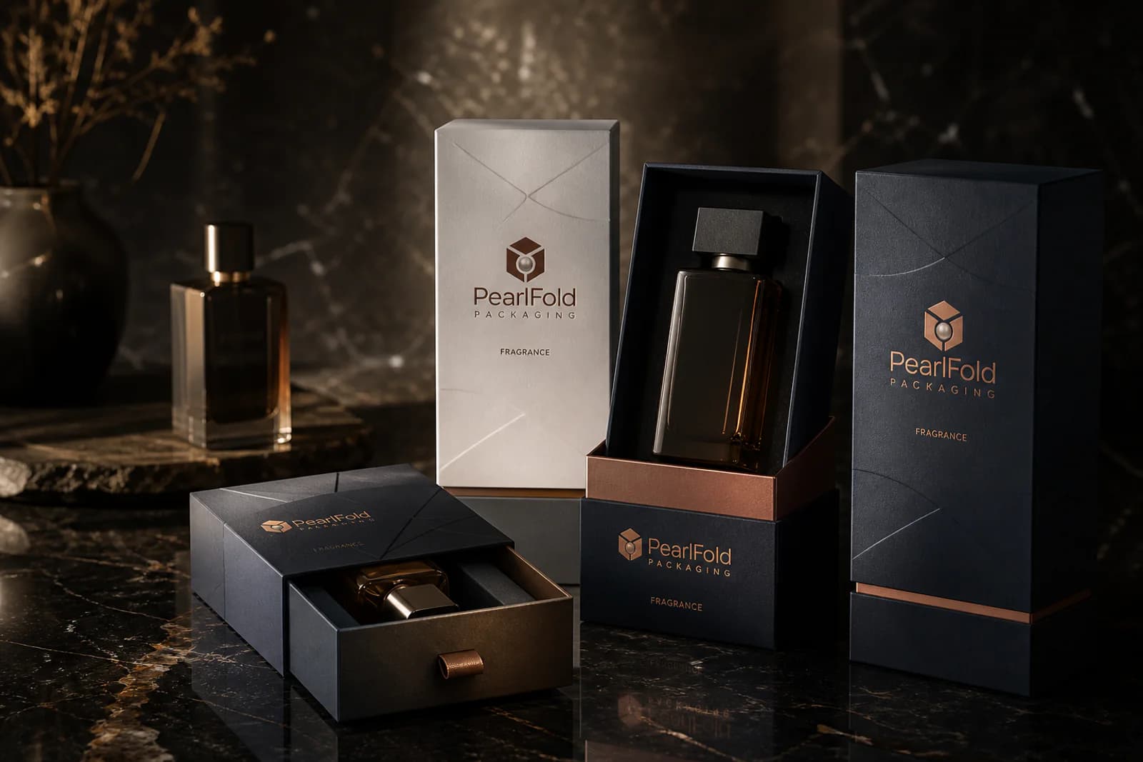 Luxury fragrance packaging with a perfume bottle in a fitted deep teal presentation box