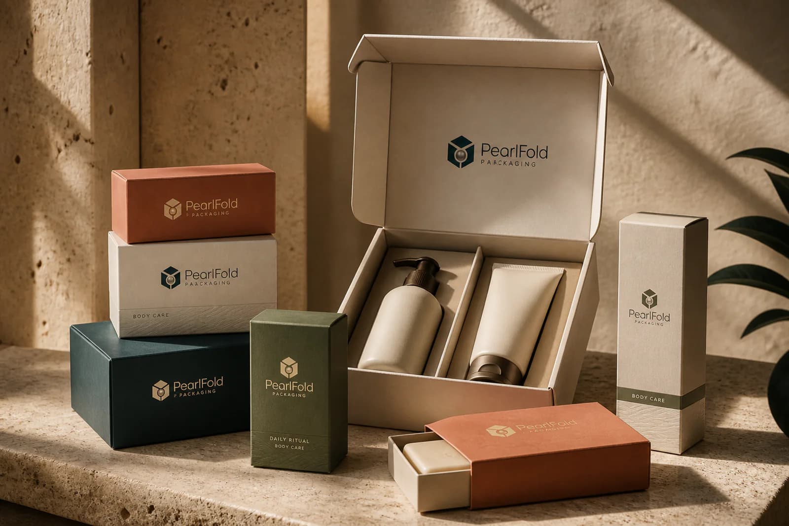Modern personal-care packaging collection with soap cartons, bottle boxes, and a rigid set box
