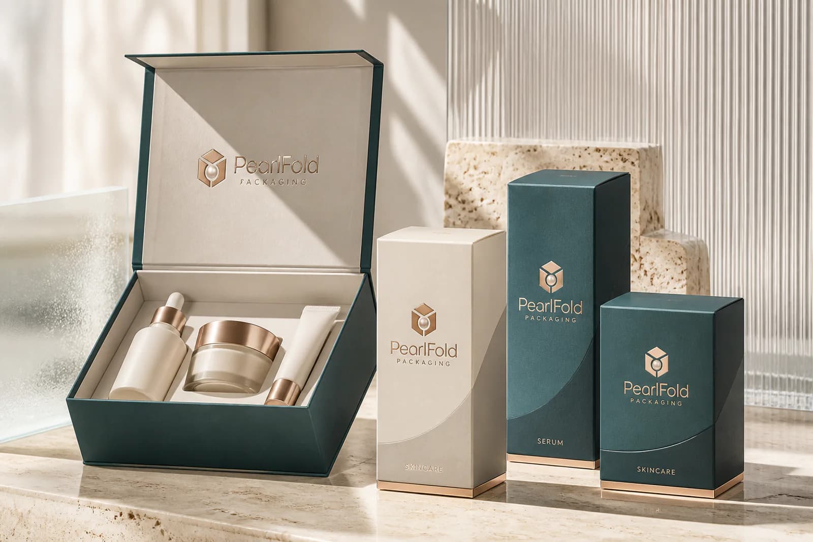 Custom skincare and serum packaging with deep teal cartons and a rigid presentation box