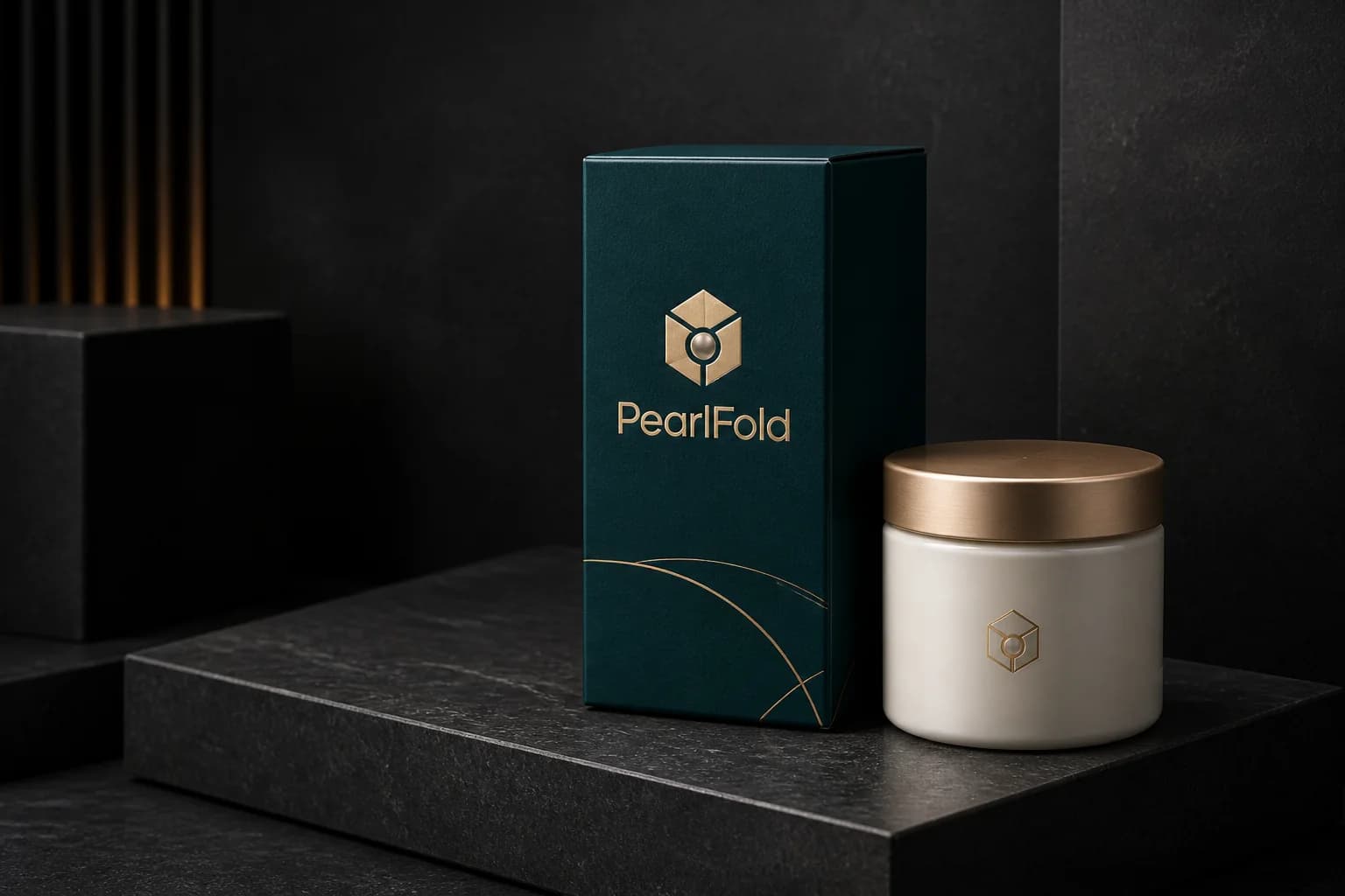 Premium deep teal PearlFold carton and beauty product presentation