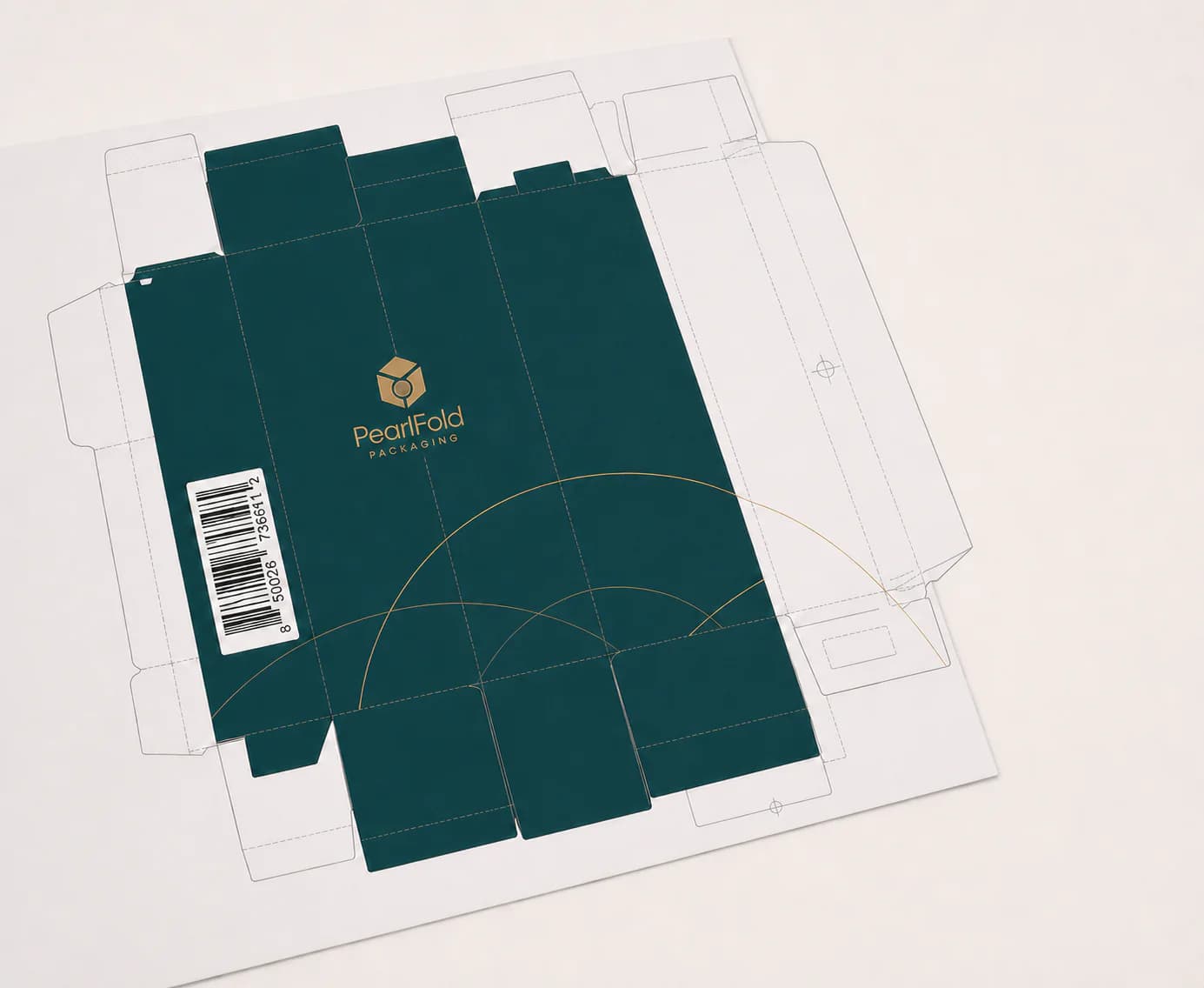 Flat PearlFold carton artwork placed on an approved packaging dieline