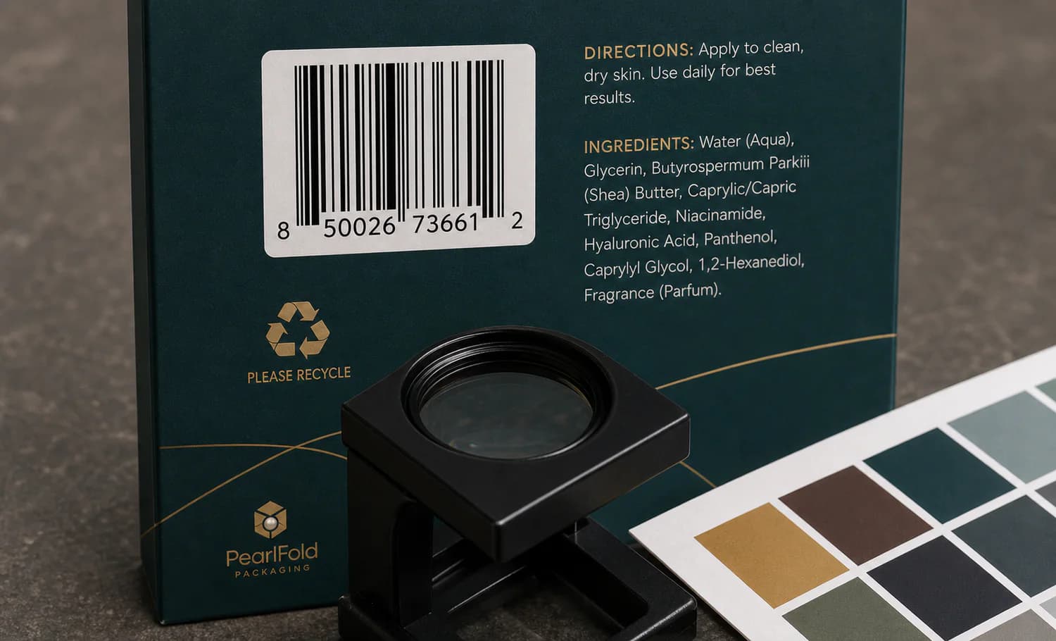 PearlFold carton proof with barcode, product copy, color swatches, and inspection loupe