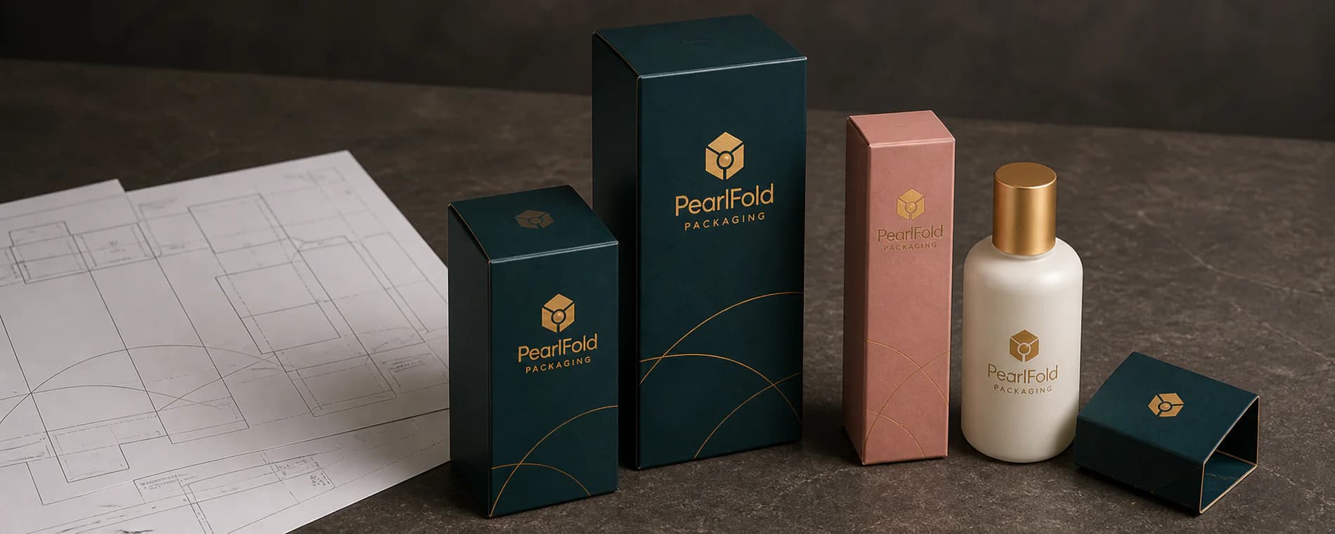 PearlFold cartons, skincare bottle, and approved packaging dieline