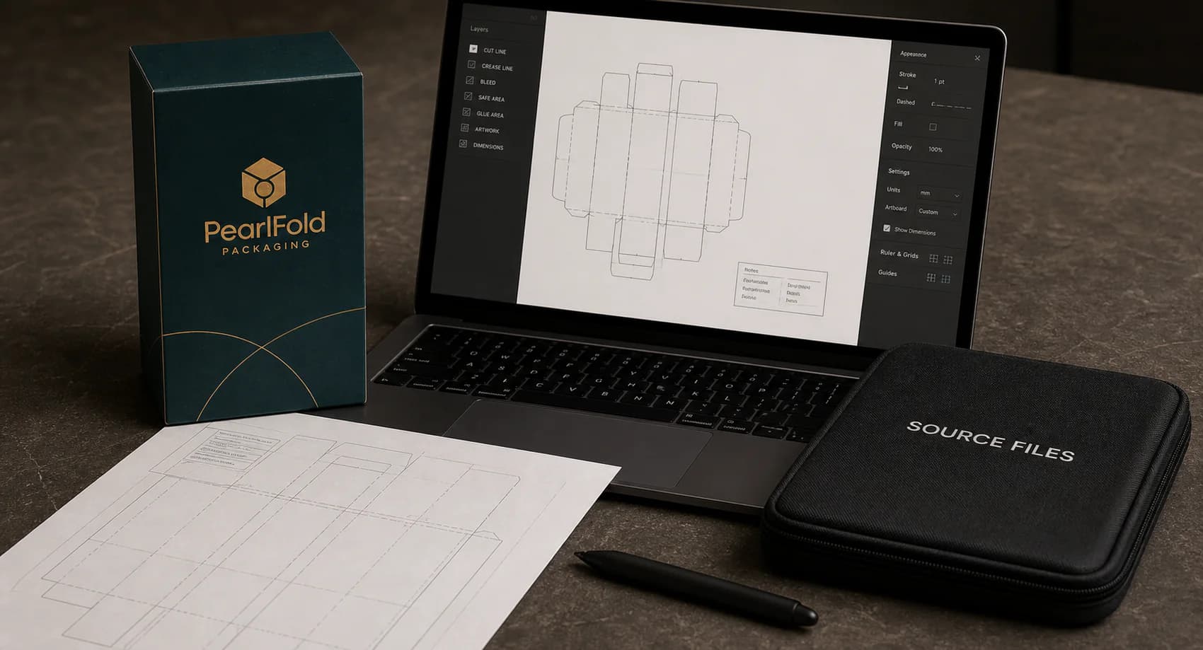 PearlFold carton, packaging dieline, laptop artwork file, and organized source-file case