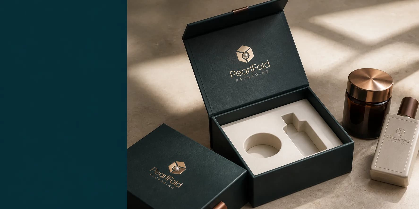 Open PearlFold rigid box with a fitted insert beside beauty products