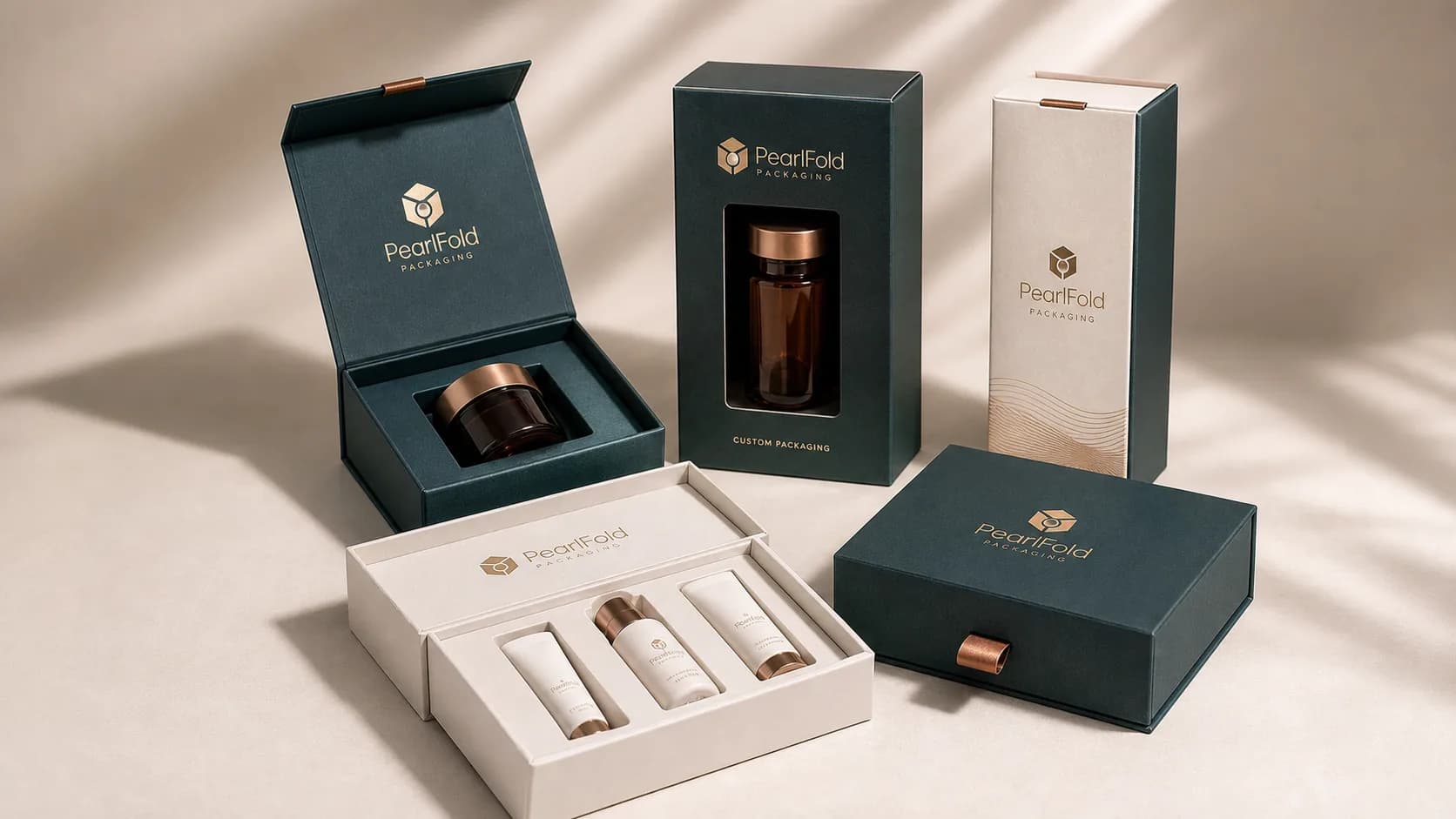 Nine-structure PearlFold custom packaging collection with cartons, rigid boxes, a window box, and fitted inserts