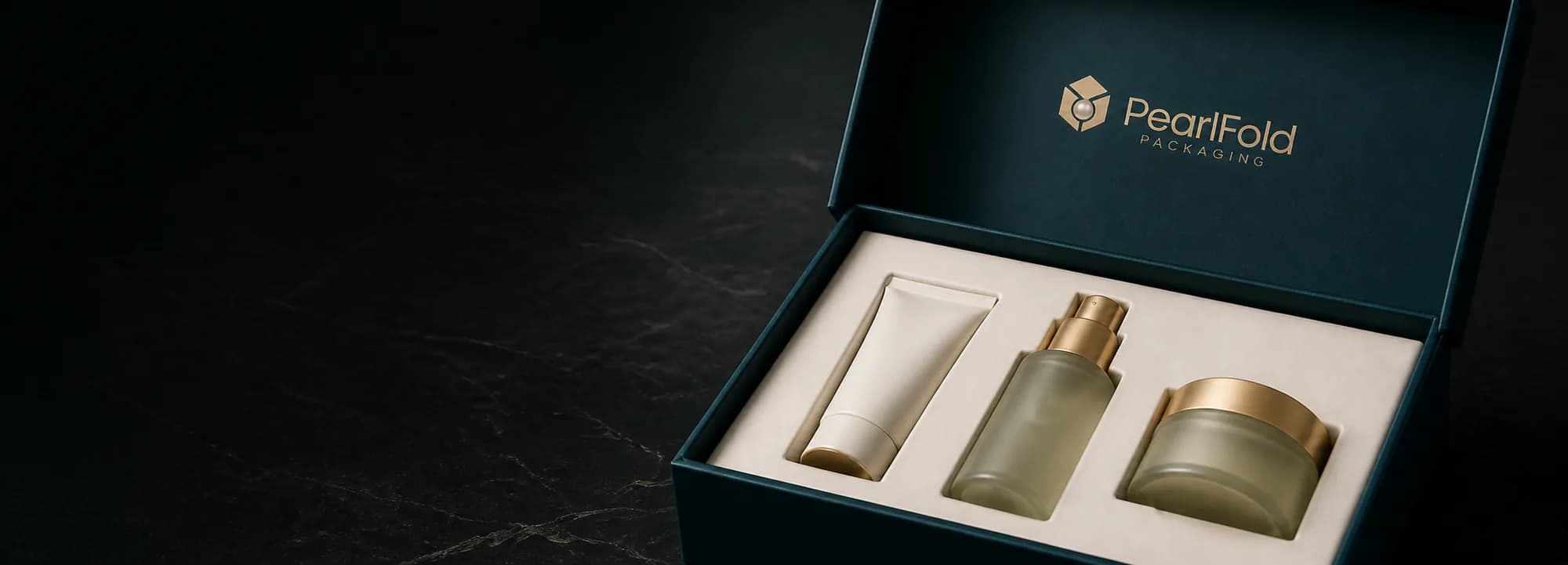 Open PearlFold presentation box with a precisely fitted skincare insert