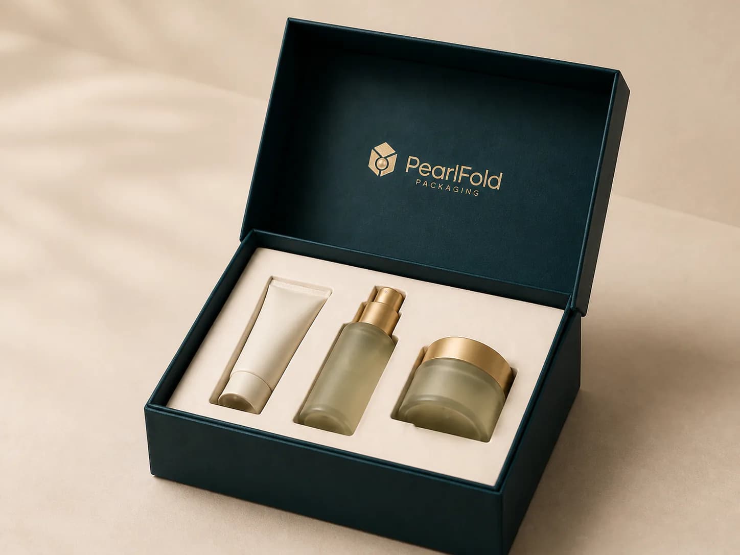 Open PearlFold presentation box with a fitted paperboard insert for three skincare products