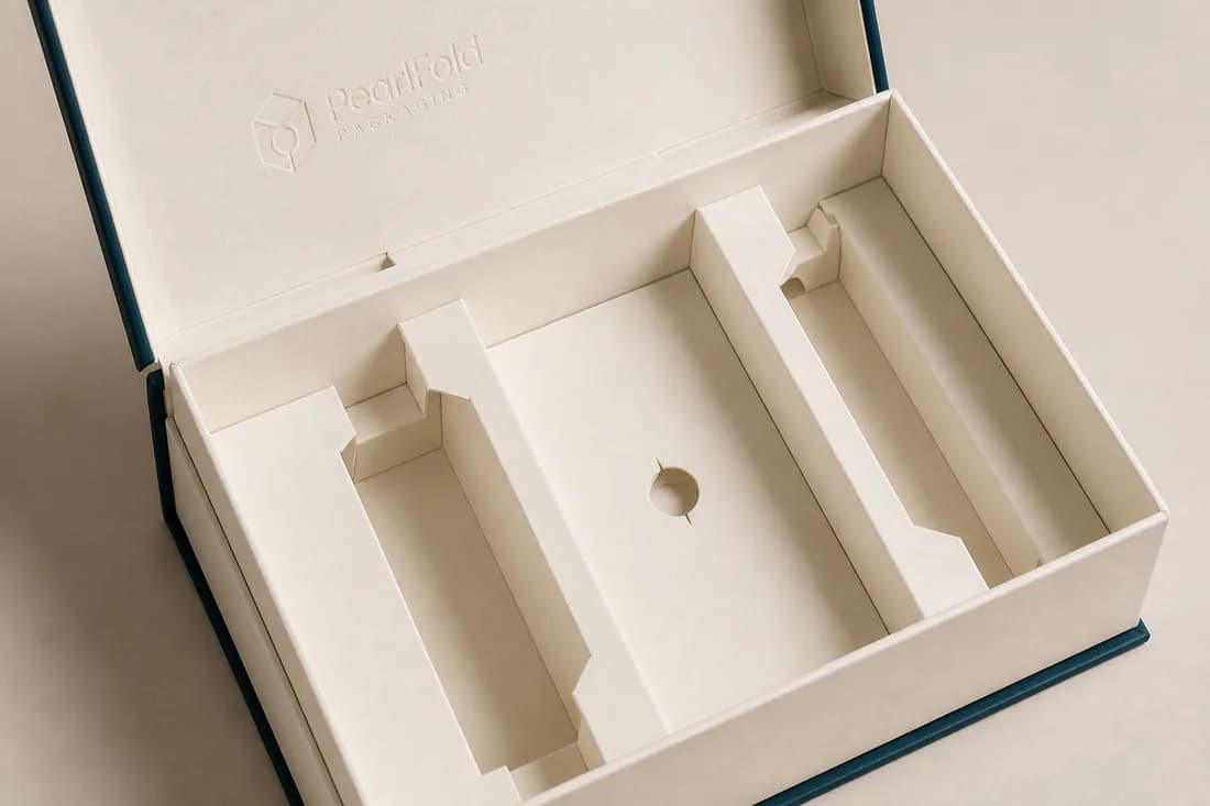 Open PearlFold box showing a folded ivory paperboard insert