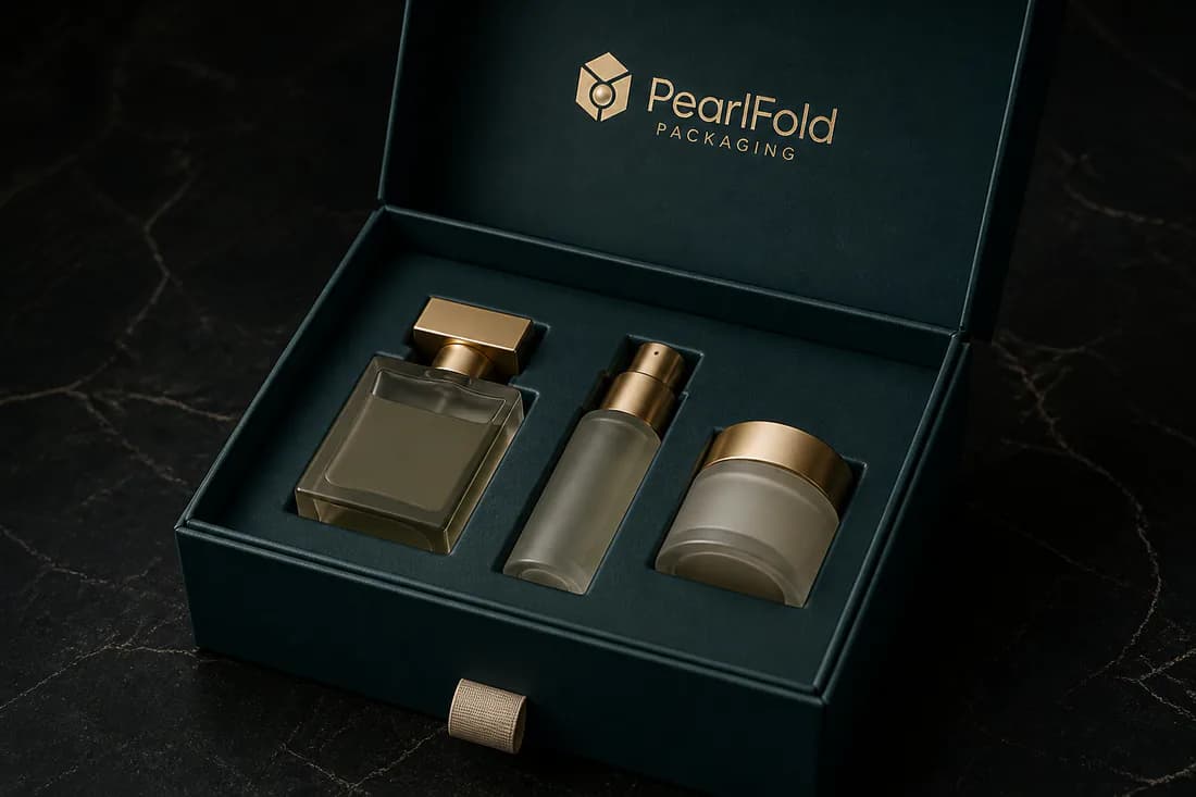 Open deep-teal PearlFold box with a wrapped presentation-board insert
