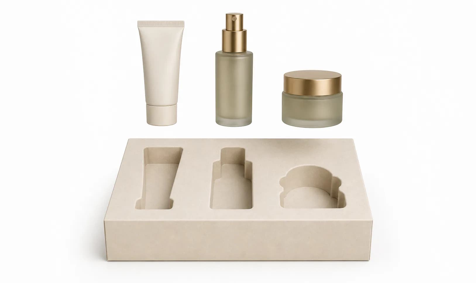 Exploded view of three beauty products aligned with their fitted insert cavities