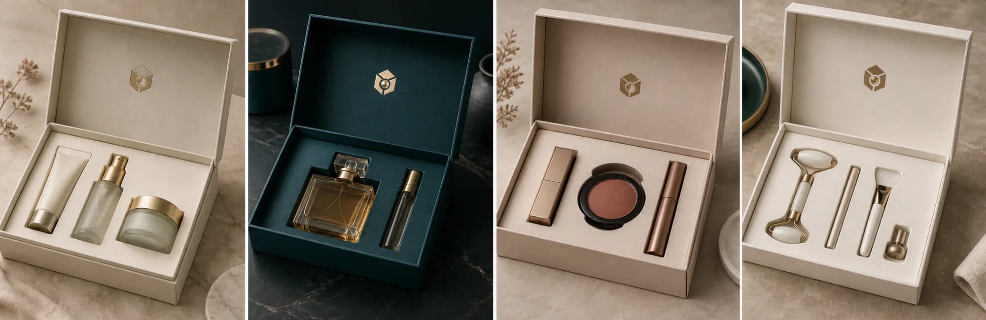 Skincare sets presented in a fitted PearlFold packaging insert