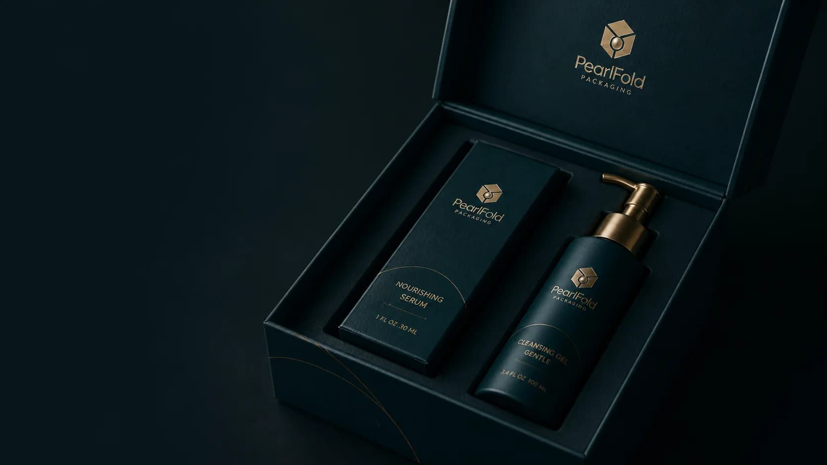Open PearlFold presentation box with a coordinated skincare set