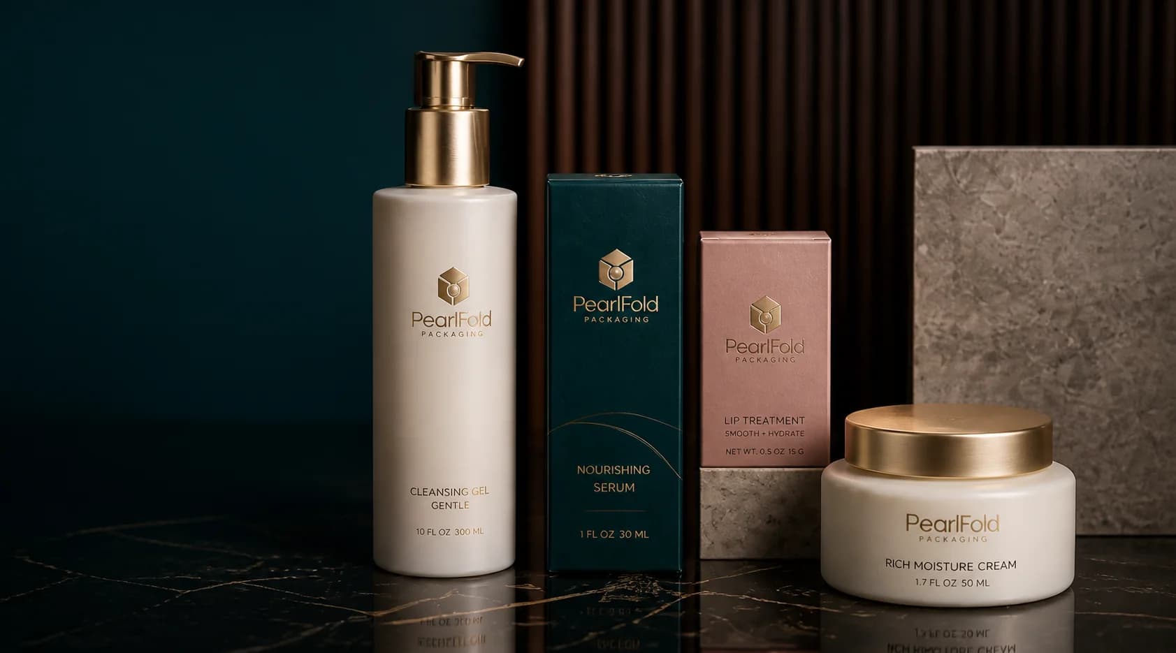 Coordinated PearlFold skincare packaging on a dark editorial studio set