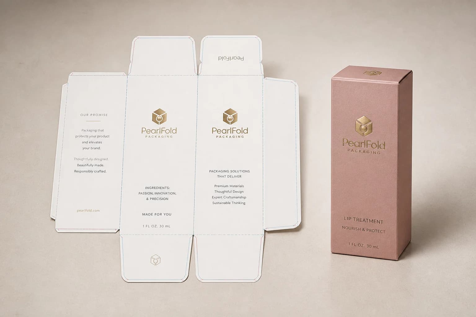 Unfolded PearlFold carton dieline beside the assembled package