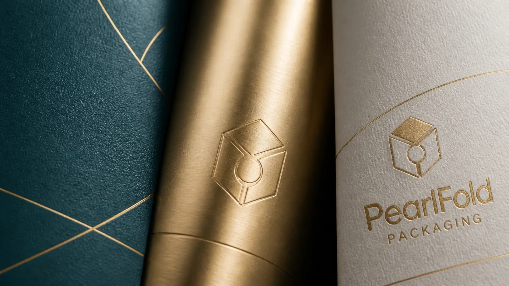 Macro detail of teal paperboard, gold finish and pearl packaging texture