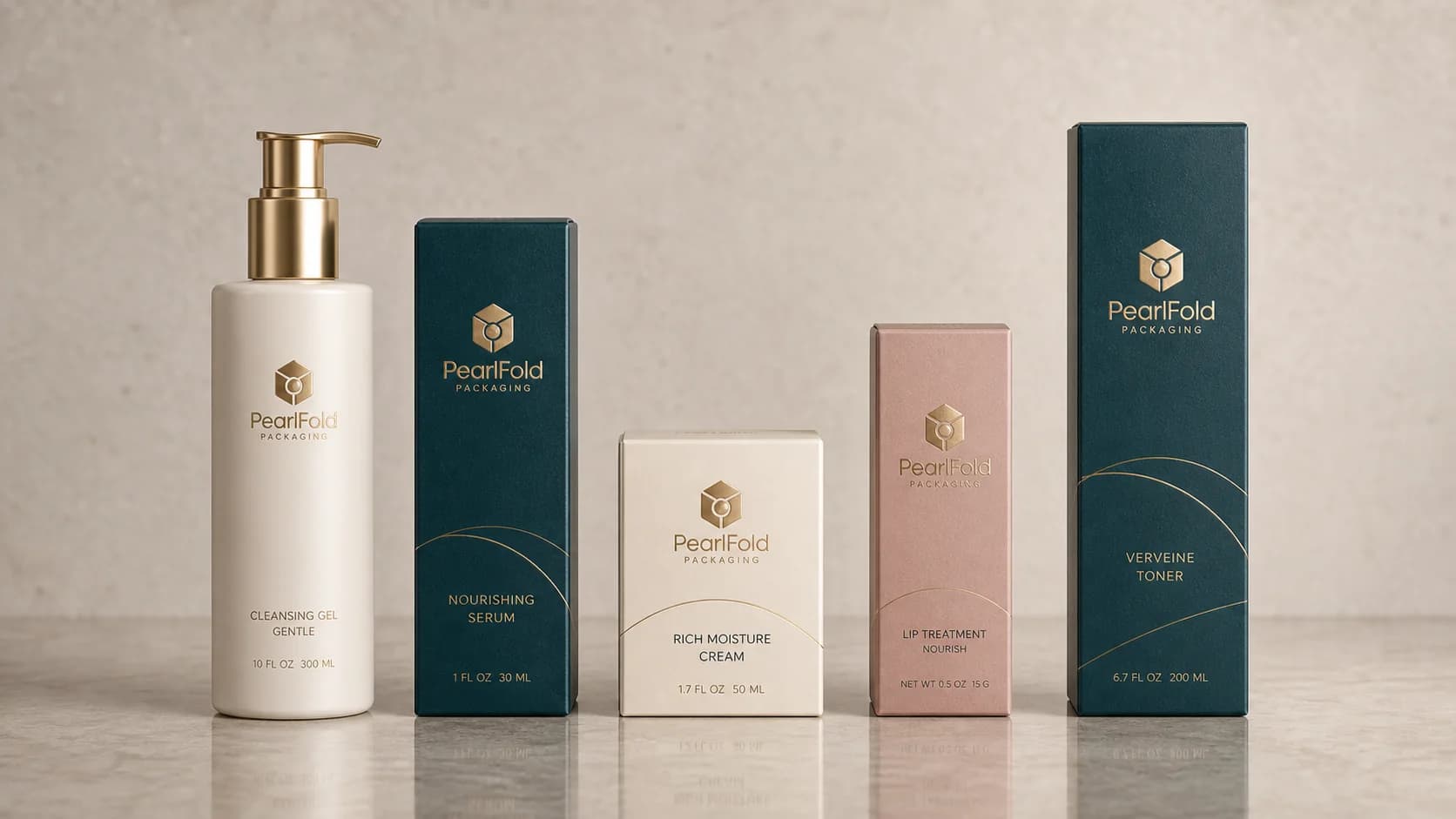 Five coordinated PearlFold packages showing a flexible product-family system