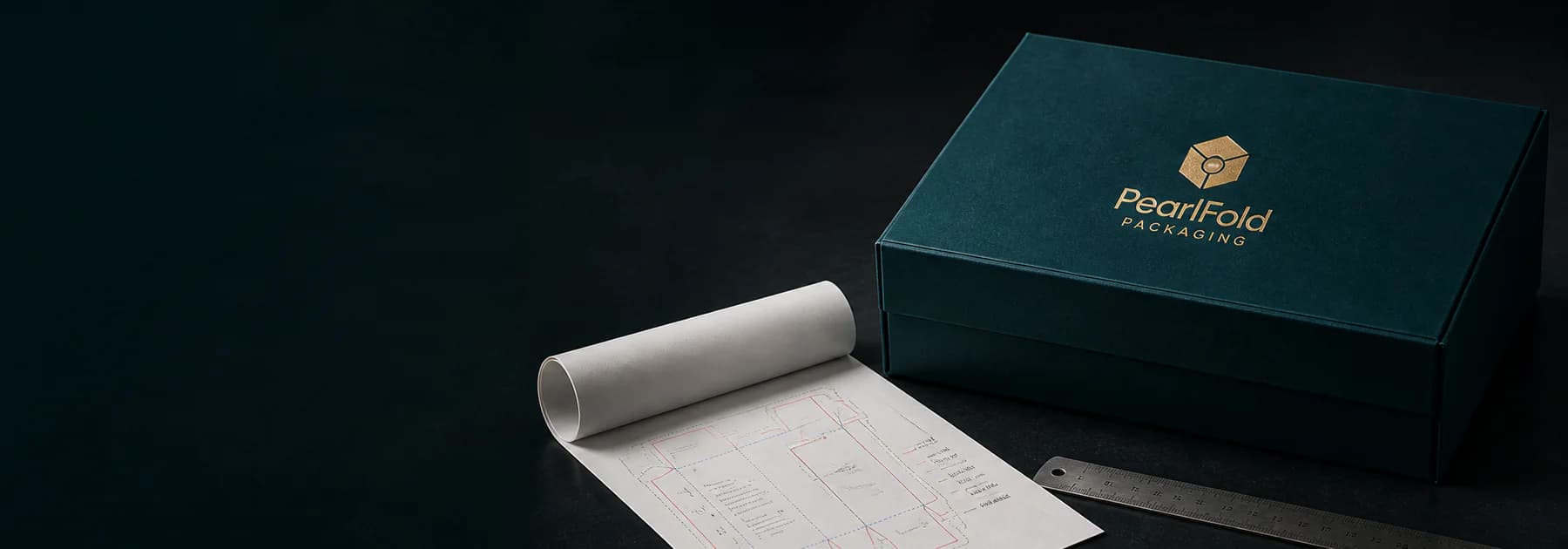 PearlFold presentation box beside a rolled printed packaging dieline