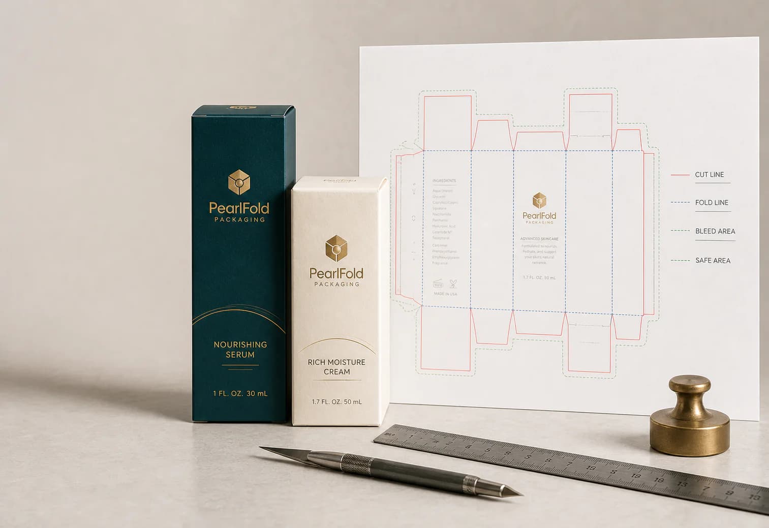 Packaging dieline beside PearlFold cartons