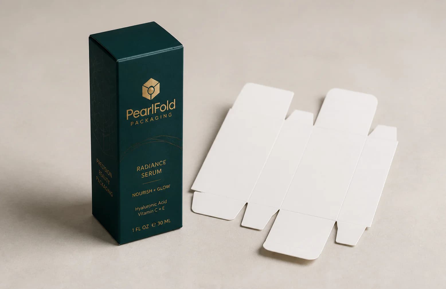 PearlFold folding carton beside its unfolded paperboard blank