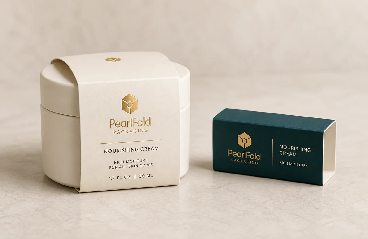 PearlFold paperboard sleeves fitted around beauty containers
