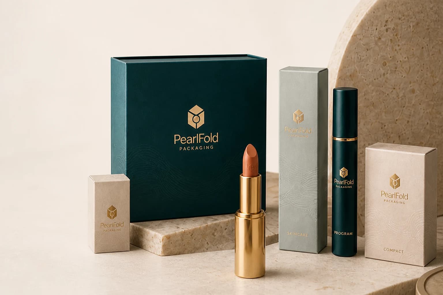 PearlFold beauty packaging arranged in a warm premium studio