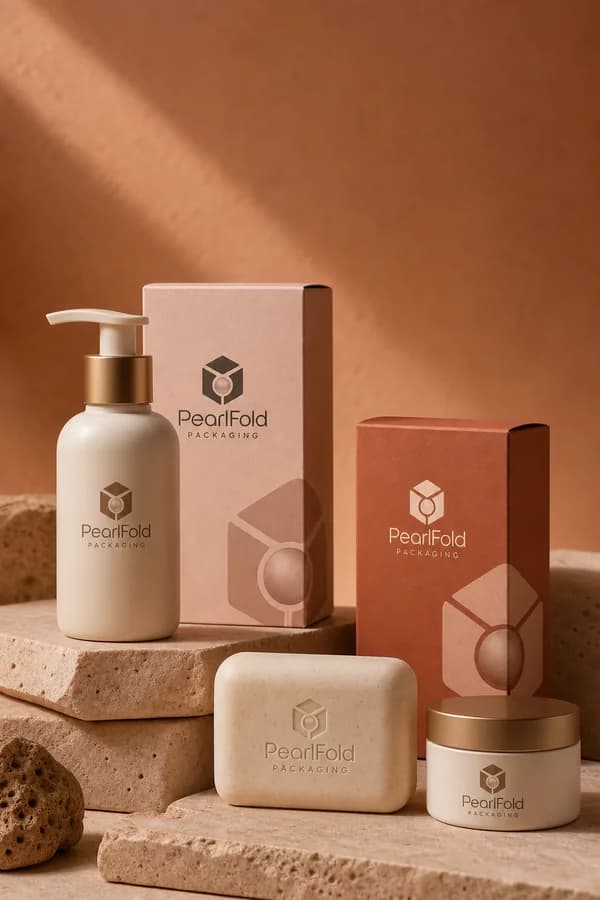 PearlFold bath and body cartons with lotion, soap, and a body-care jar