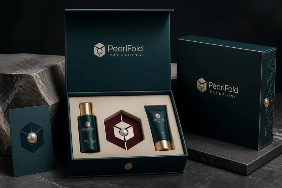 An open PearlFold rigid box with a precision insert and matching carton