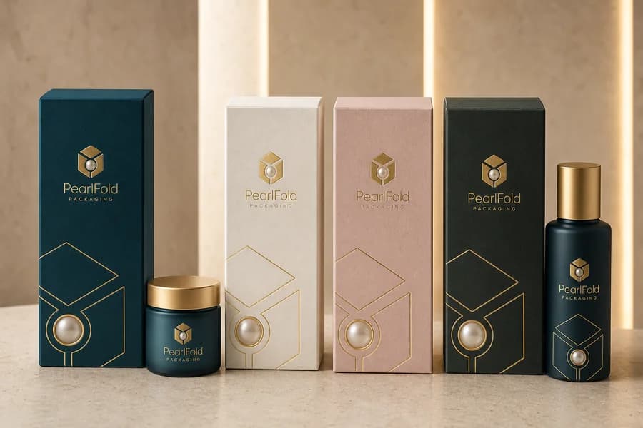 A coordinated PearlFold packaging range in teal, pearl, blush, and black-green