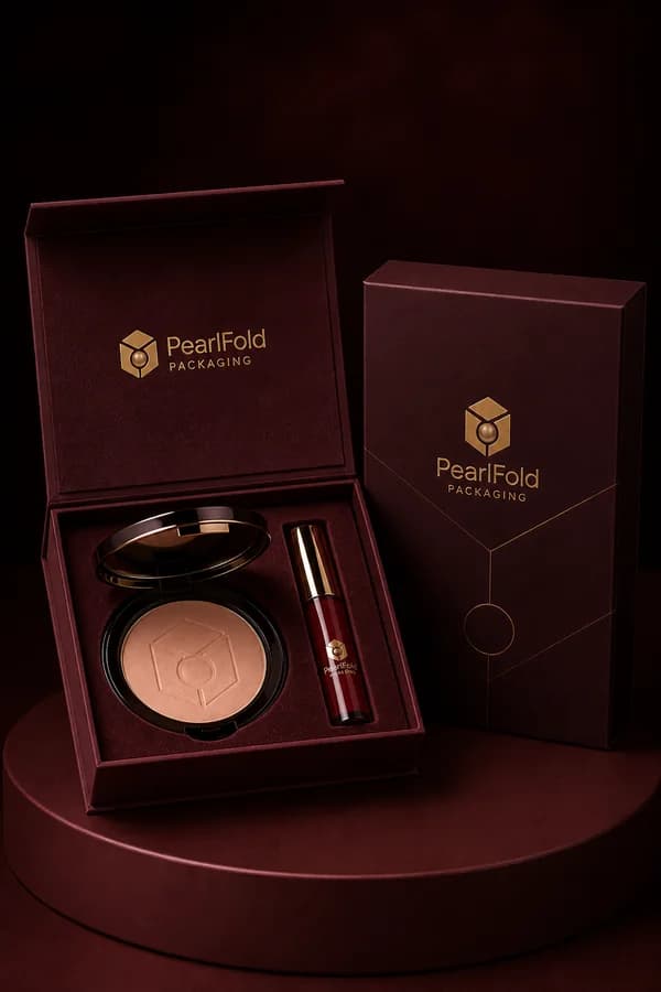 PearlFold cosmetics packaging with a burgundy presentation box, compact, and lip product