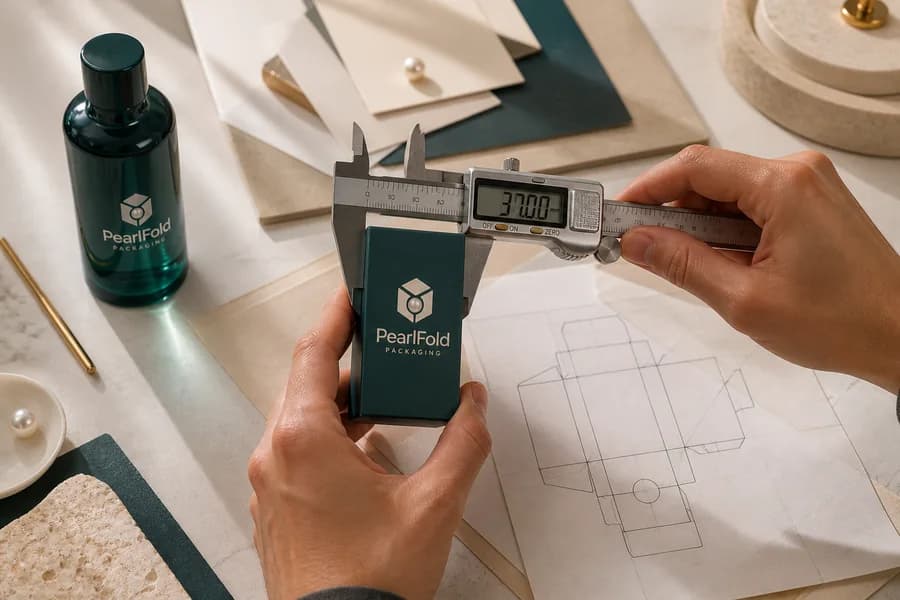 A PearlFold carton being measured beside packaging papers and a dieline