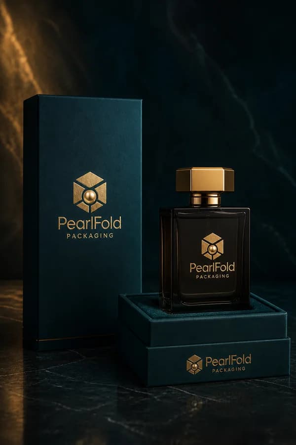 PearlFold fragrance carton, perfume bottle, and fitted presentation base