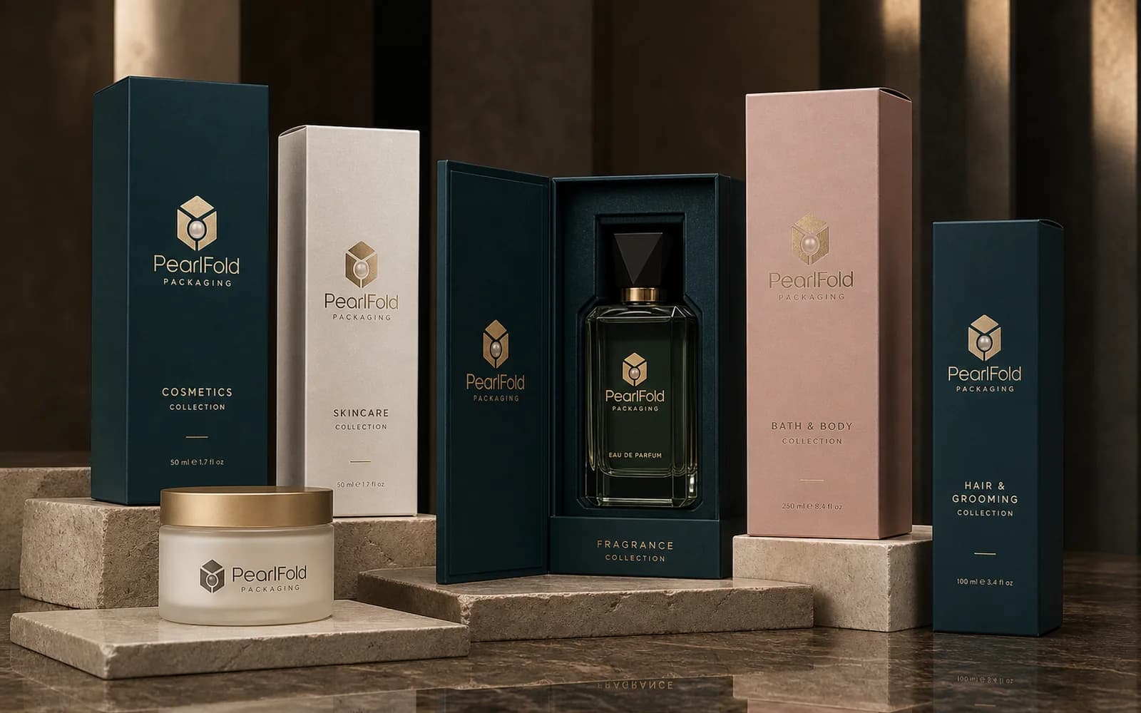 A coordinated PearlFold packaging collection for cosmetics, skincare, fragrance, bath and body, and grooming products
