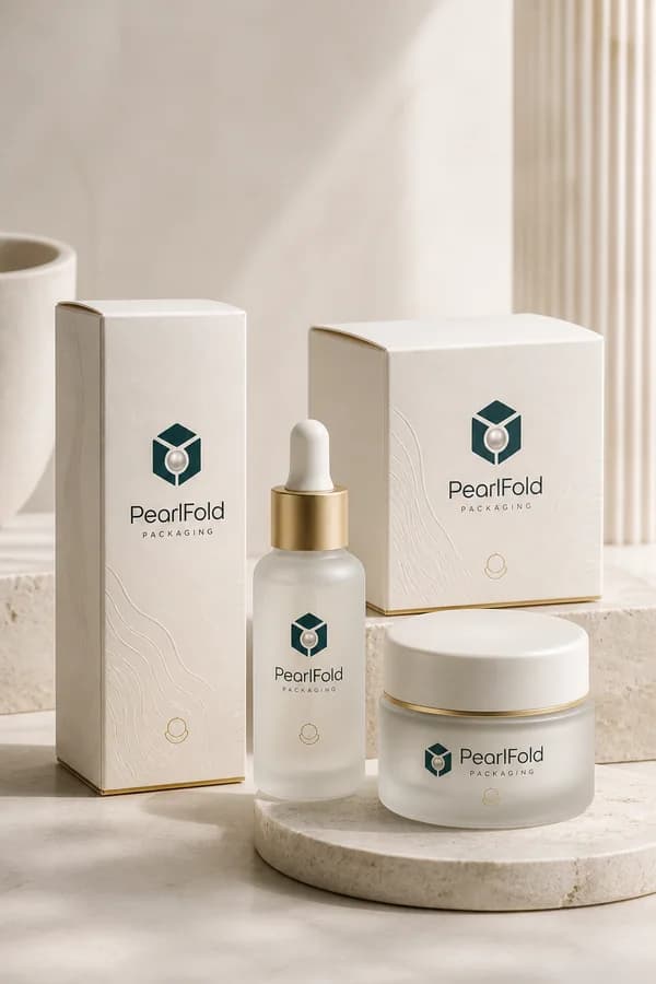 PearlFold skincare cartons with a serum bottle and cream jar