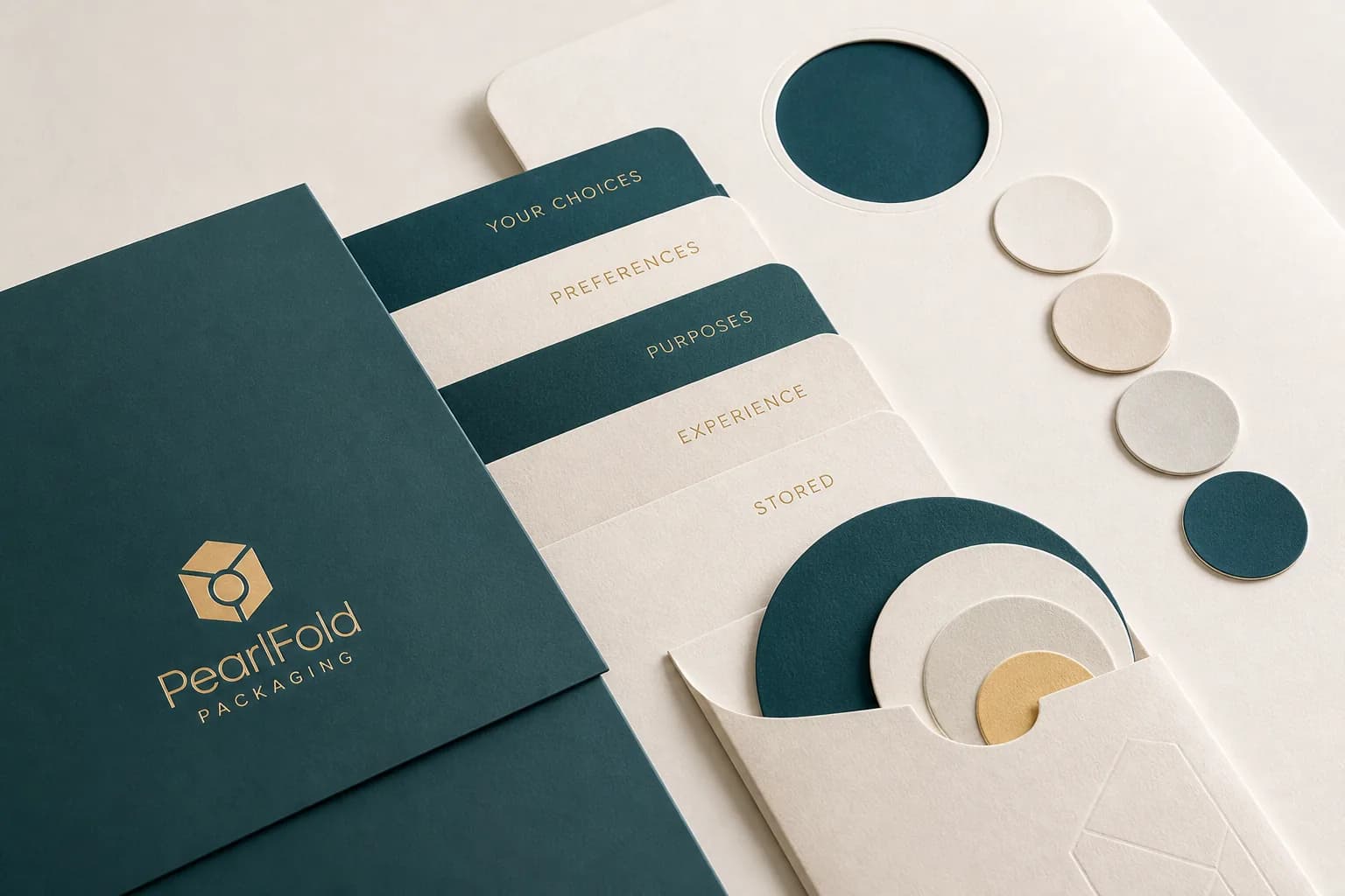 PearlFold preference folio with layered paper tabs and circular die-cut samples
