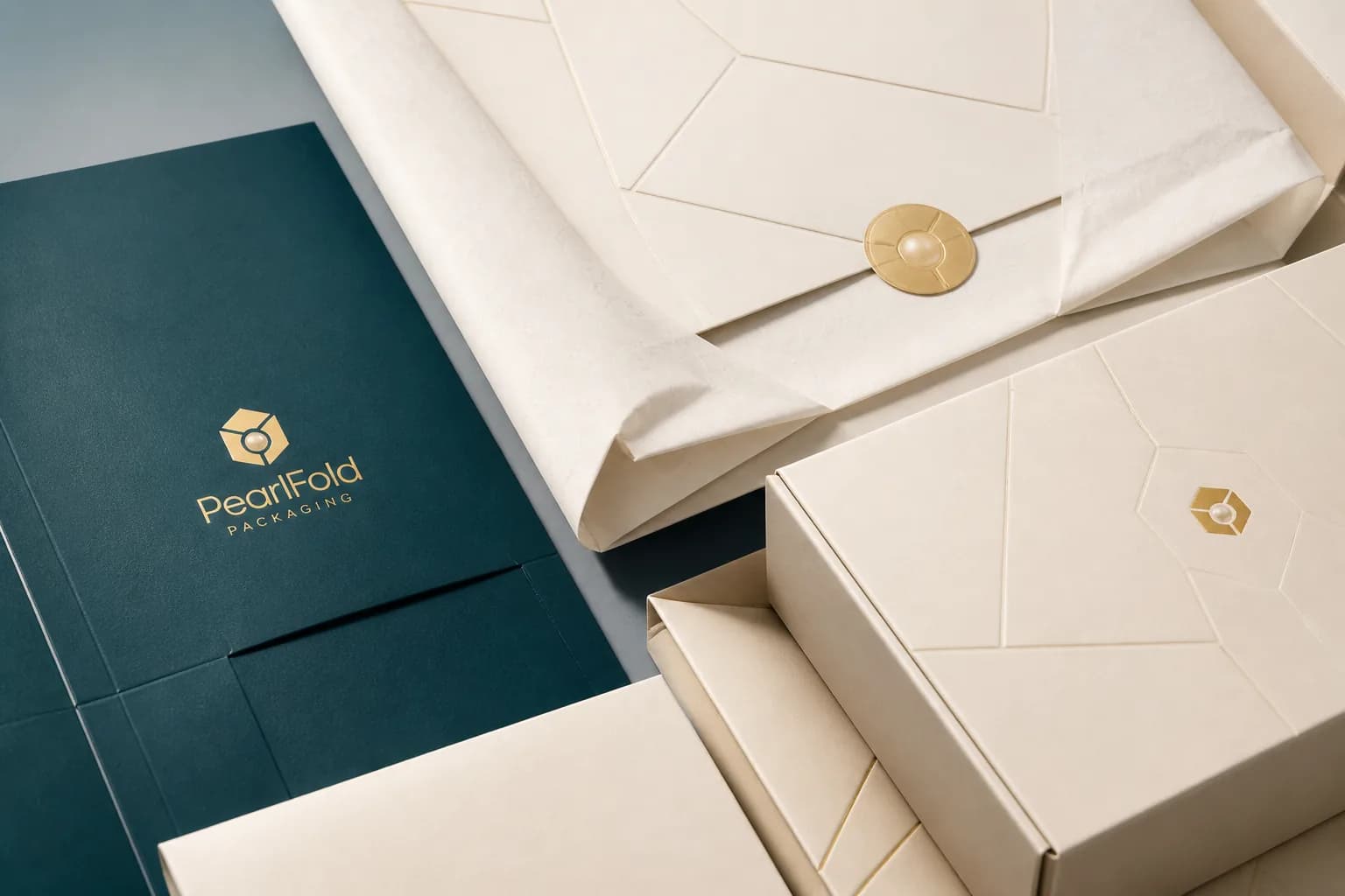 PearlFold protective paper packaging and dispatch folio in pearl and deep teal