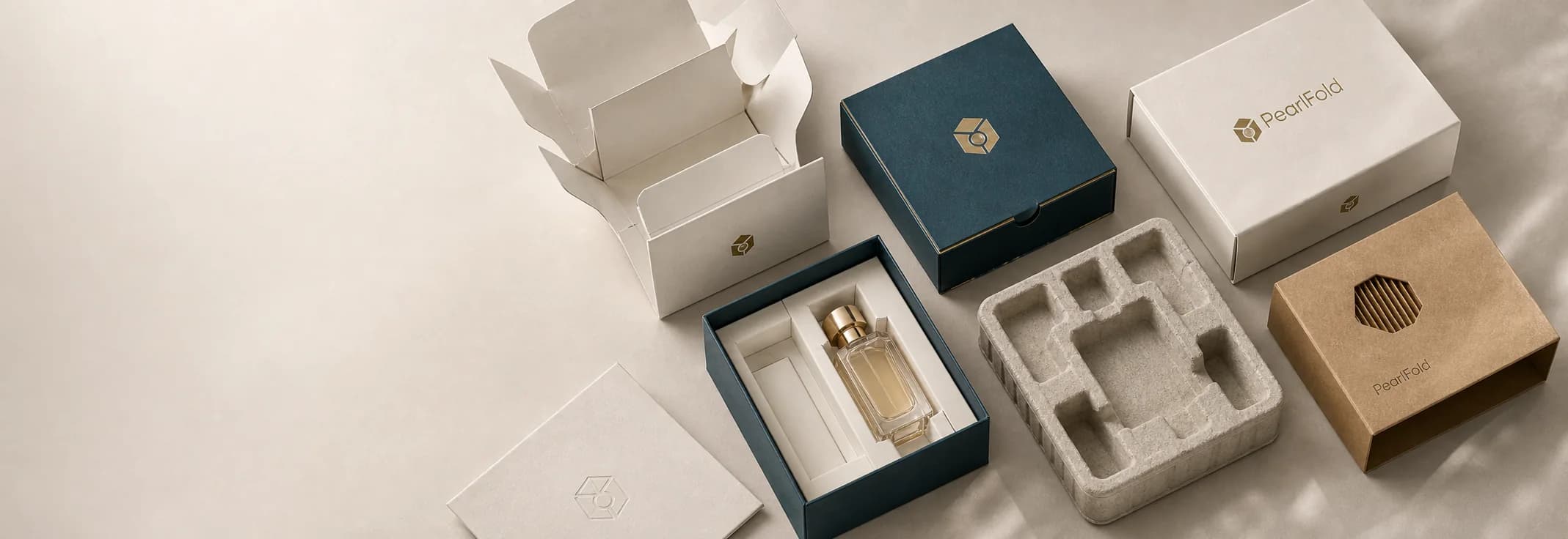 A coordinated PearlFold packaging system using paperboard, rigid board, kraft paper, molded pulp, and paper inserts