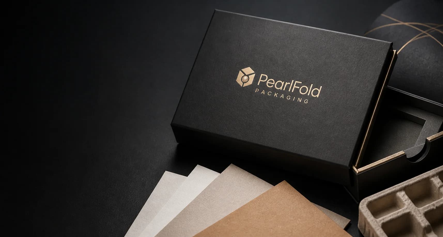 Dark PearlFold presentation box with paper material swatches