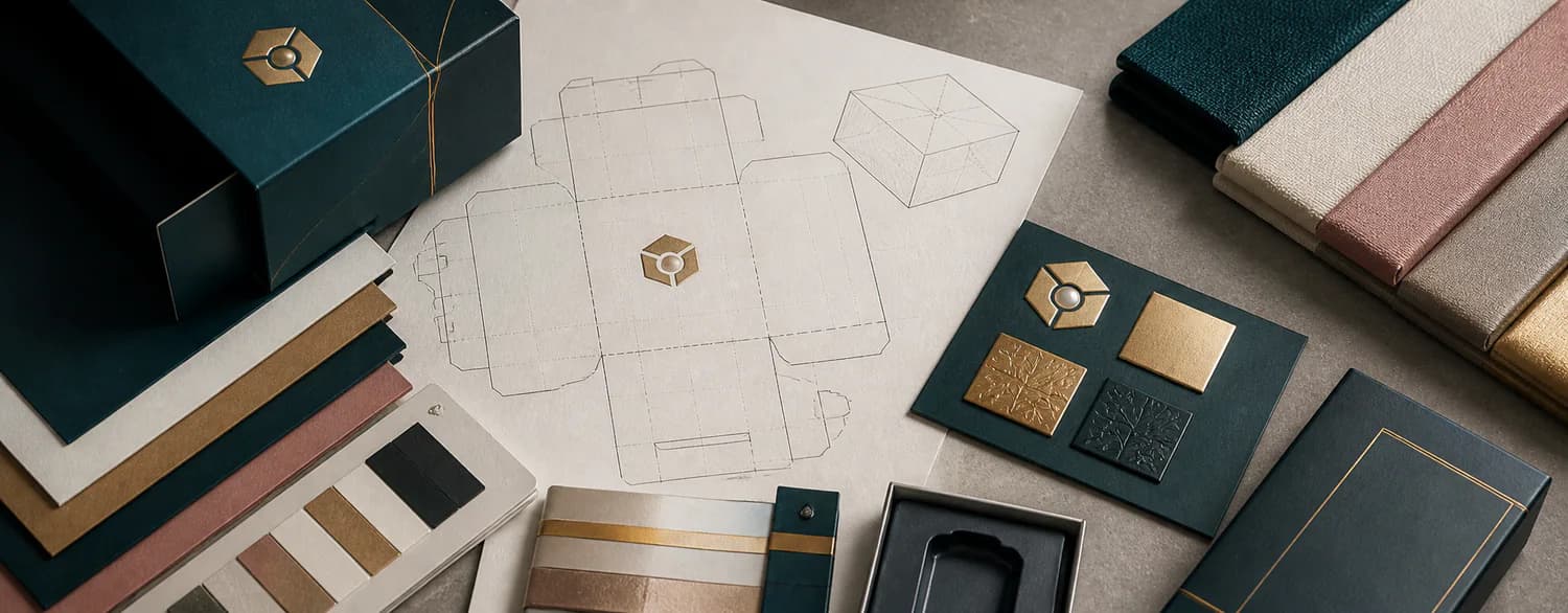 Paperboard, wrapped board, inserts, and finish samples for a custom packaging specification