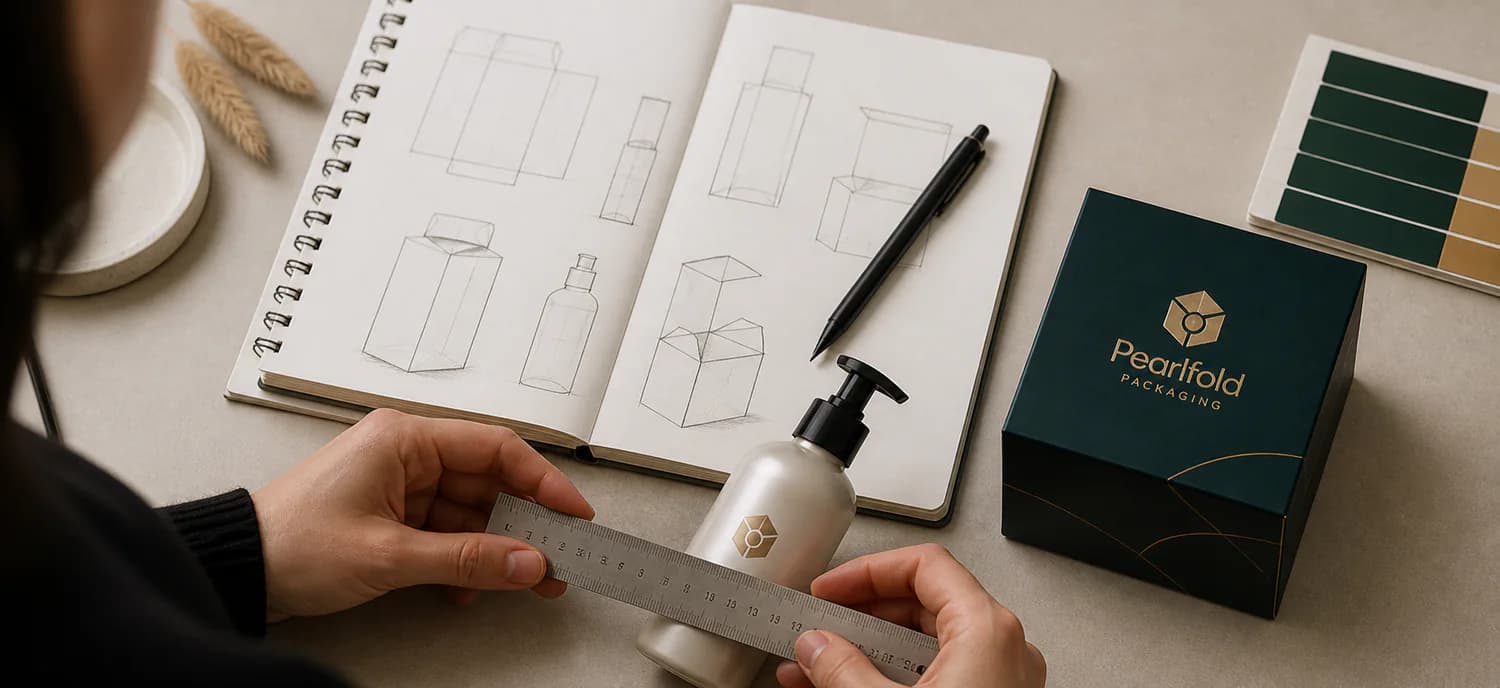 Product dimensions and packaging ideas arranged for a PearlFold project brief