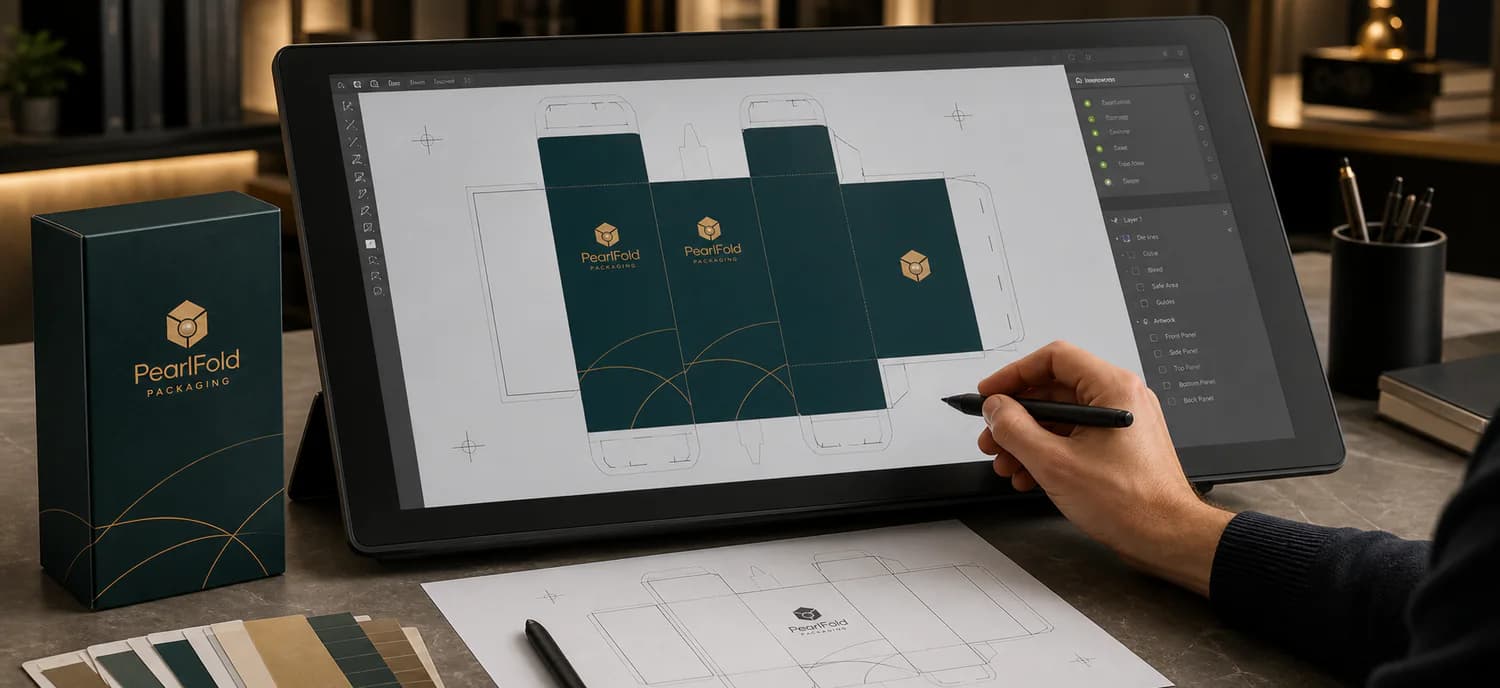 PearlFold carton dieline and artwork being prepared on a design workstation