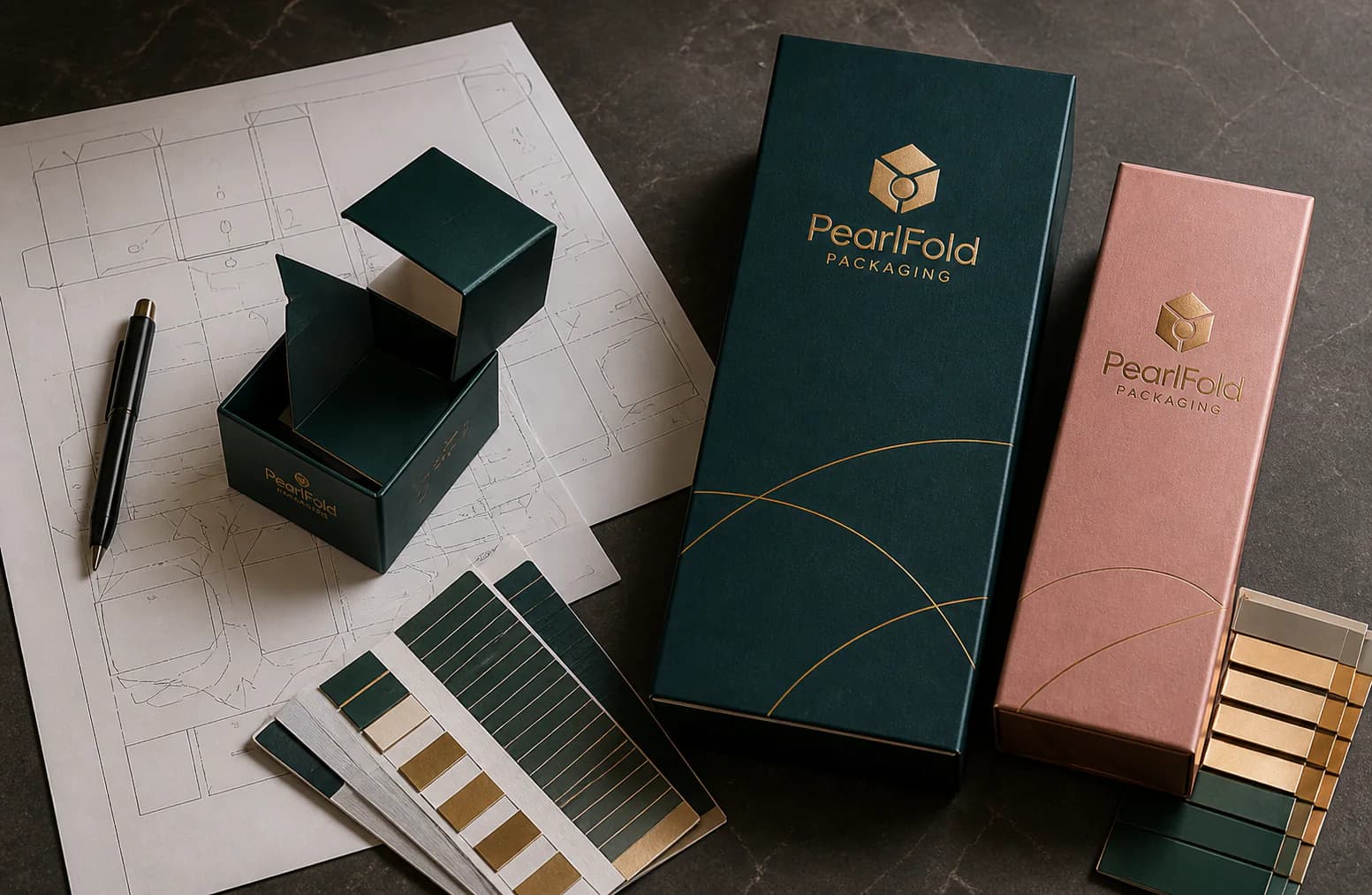 PearlFold structural samples, packaging dieline, material swatches, and finished cartons