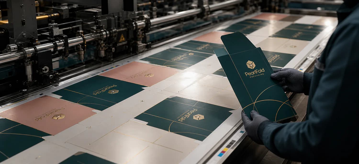Custom PearlFold packaging press sheets being reviewed during production