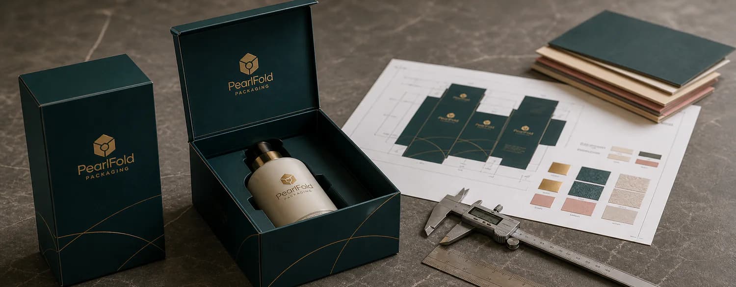 Physical PearlFold packaging sample and printed proof prepared for approval
