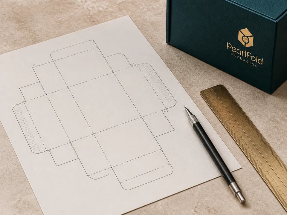 Carton dieline drawing with a PearlFold package, ruler, and drafting pencil